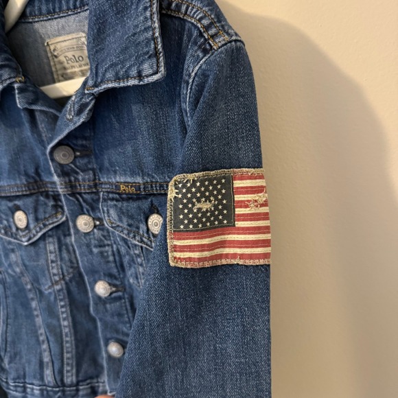 Polo Ralph Lauren Kids Denim Jacket American Flag Patch Blue Jean Size S/P/CH - Picture 2 of 6